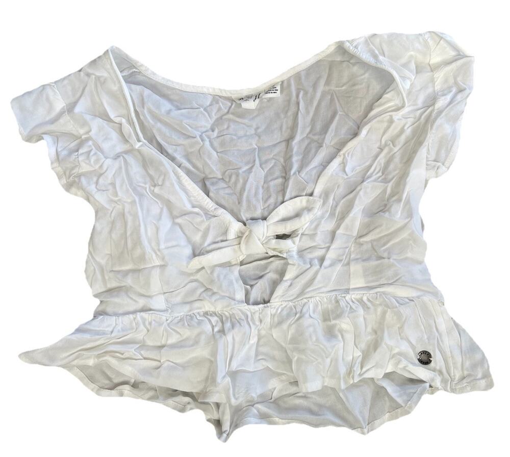 Women’s Roxy Tank Top White Tie Up Shirt Short Sleeve Crop Top Size Small